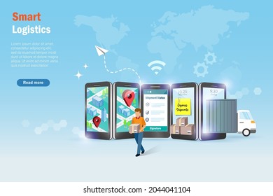 	
Global online smart logistics. Delivery man and truck on smart phone screen deliver shipment to customer with GPS location map and tracking status. Logistic and transportation technology concept.