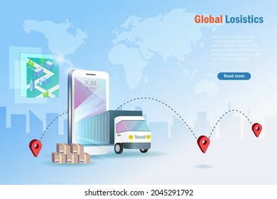 Global Online Smart Logistics. Delivery Truck On Smart Phone With GPS Pin Point Location Map Deliver Shipment To Customer. Smart Logistic And Transportation Technology Concept.