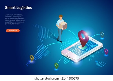 Global online smart logistics. Delivery man holding carton box deliver shipment with worldwide GPS network connecting on smartphone. Global logistic and transportation technology