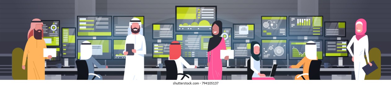 Global Online Trading Concept Arab People Group Working With Stock Exchange Monitoring Sales Horizontal Banner Flat Vector Illustration