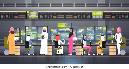 Global Online Trading Concept Arab People Group Working With Stock Exchange Monitoring Sales Flat Vector Illustration