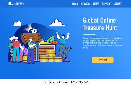Global online treasure hunt, live quest concept. Small people stand near big treasure chest. Modern design vector illustration. Web landing page template