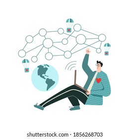 Global Online Volunteer Community Concept. Young Man With Laptop And Raised Hand. Earth, Networking, Virtual Teamwork Volunteering. Trendy Flat Vector Illustration With Character Isolated On White