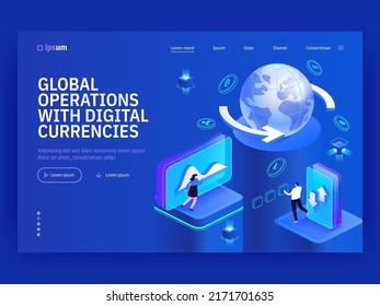 Global Operations With Digital Currencies Isometric Vector Image On Blue Background. International Stock Market. Cryptocurrency Buying. Web Banner With Copy Space For Text. 3d Components Composition