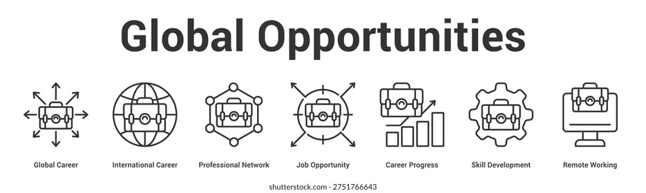 Global Opportunities web banner icon set vector illustration concept for business with icon of Global Career, International Career, Professional Network, Job Opportunity, Career Progress, Sk.