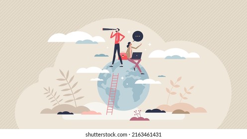 Global opportunity searching for international business tiny person concept. Businessman standing on globe and looking in future goals with high ambitions and reaching target top vector illustration.