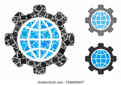 Global options mosaic of tuberous parts in different sizes and color tints, based on global options icon. Vector ragged parts are united into mosaic. Global options icons collage with dotted pattern.