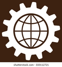 Global Options vector icon. Style is flat symbol, white color, rounded angles, brown background.