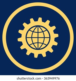 Global Options vector icon. Style is flat circled symbol, yellow color, rounded angles, blue background.