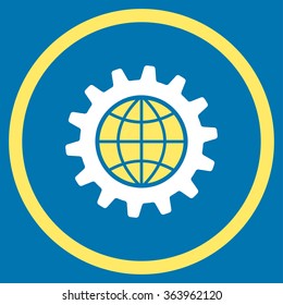 Global Options vector icon. Style is bicolor flat circled symbol, yellow and white colors, rounded angles, blue background.