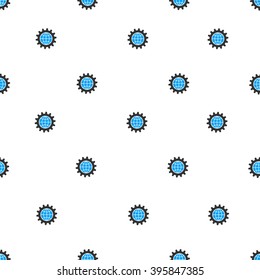 Global Options vector seamless repeatable pattern. Style is flat blue and dark gray global options symbols on a white background.