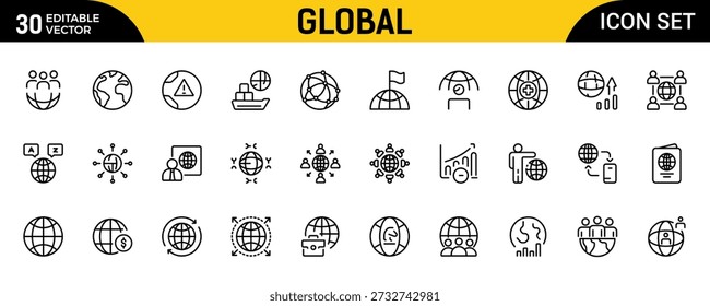 Conjunto de ícones de contorno global para aplicações Web e móveis - Terra e ecologia Thin Line Icons Collection com casa, sustentabilidade, natureza, estufa e símbolos ambientais, ilustração vetorial de contorno limpo