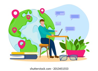 Global outsourcing concept. People work with laptop computer, online business communication. Vector flat illustration. 