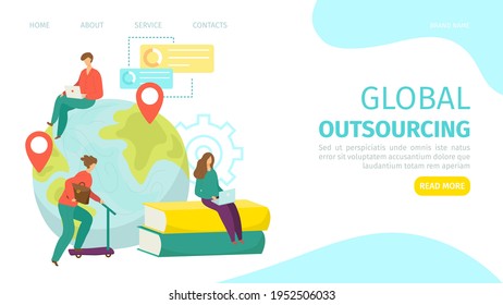 Concepto de externalización global, página web, ilustración vectorial. Los personajes de la gente trabajan con computadoras portátiles, comunicación comercial en línea.