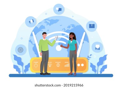 Global outsourcing, distant work, new digital era of communication, online meeting. Flat abstract metaphor illustration cartoon vector concept web design isolated on white background