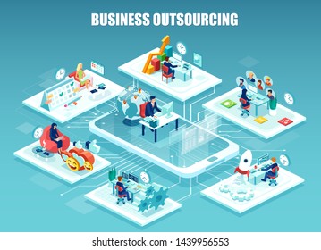Global outsourcing, distributed team, freelance job.concept. Vector of company employee working in different offices managed remotely by a leader. 