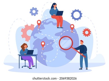 Global outsourcing flat vector illustration. Woman sitting on globe with laptop, man looking for employees with loup and woman working at desk. Outsource, recruitment, teamwork concept