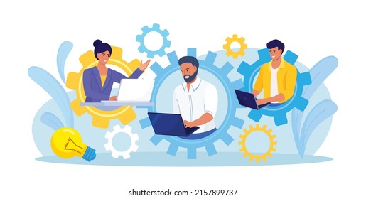 Global outsourcing, freelance. Teamwork and project delegation. Employee work from home remotely. People with different skills connecting together online and working on the same project, remote work