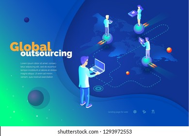 Global outsourcing. A man with a laptop manages outsourcing. World map. Outsource professionals to different locations around the world. Modern isometric style illustration