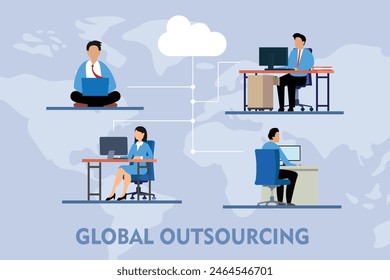 Global Outsourcing, people using Cloud system in distant work and data storage. men and women characters sitting at desks working on laptops connected in network 2d flat vector illustration
