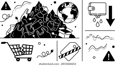 Global Overconsumption Crisis and Landfill Pollution Vector Infographic Elements Set Featuring Giant Electronic Trash Mountain Broken Shopping Cart and Leaking Wallet.eps