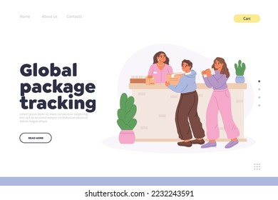 Concepto global de seguimiento de paquetes de página de aterrizaje con trabajadores de oficina de correos y personas con cajas en recepción, recepción o envío de paquetes. Correo postal. Dibujo vectorial plano de dibujos animados