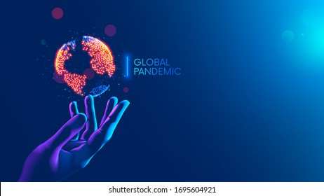 Global pandemic concept. Red dots show nidus of infection on continents of earth hanging over hand medical doctor. Map of World epidemic coronavirus covid-19. disease or Infection on planet on blue.
