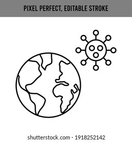 Globale Pandemie, Epidemie. Der Globus ist krank, die Erde wird von einem Virus beleuchtet. Krankheitsgefahr. Informationssymbol. Bearbeitbarer Stroke. Vektorgrafik.