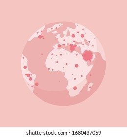 Global pandemic illustration of the Earth planet with coronavirus source location  points. Vector illustration