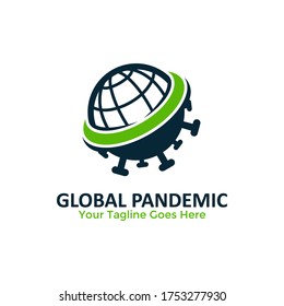 Global Pandemic Logo Vector. Coronavirus 2019-nCoV Pandemic Protection Logo. World Icon With Coronavirus Design Concept Combination. Coronavirus Outbreak Stop Virus.