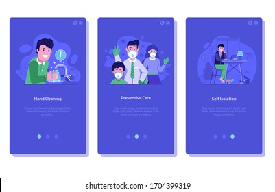 Global pandemic medical application onboarding screens with hand washing and cleaning, people use face masks and self isolation concepts. Stop virus infection spread prevention measures illustrations.