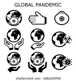 Global pandemic vector icons set, protecting the world from spreading a virus, globe in epidemic danger concept. Flatenning the curve, saving the world from global illnes design collection, health 