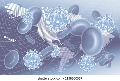 Ein globales Pandemie-Virus-Weltbild-Konzept mit stylisierten Viruszellen wie Corona-Virus und roten Blutkörperchen-Molekülen. Symbolisieren der Ausbreitung einer Krankheit auf der ganzen Welt