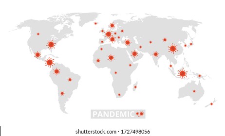 Global pandemic. World map virus epidemic. Information banner with coronavirus covid 19 spread. Infection in different countries, flu disease or infected planet vector illustration