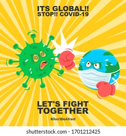 Global pandemic of the world versus bad virus. illustration of the earth wearing face mask and use boxing gloves to fight against coronavirus. Stop corona, fight together, don't be afraid of Covid-19