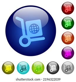 Global parcel delivery solid icons on round glass buttons in multiple colors. Arranged layer structure