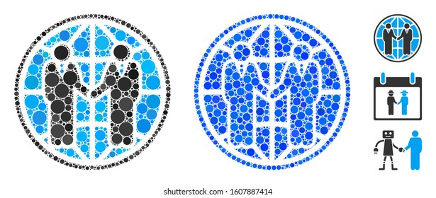 Global partnership composition of filled circles in different sizes and color hues, based on global partnership icon. Vector filled circles are organized into blue collage.