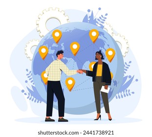 Concepto de asociación mundial. Hombre y mujer cerca del globo terráqueo con pines gps. Globalización, comercio internacional y transporte. Colaboración y cooperación. Ilustración de vector plano de dibujos animados