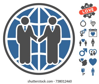 Global Partnership icon with bonus romantic symbols. Vector illustration style is flat iconic cobalt and gray symbols on white background.