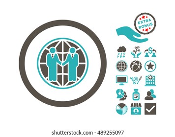Global Partnership icon with bonus icon set. Vector illustration style is flat iconic bicolor symbols, grey and cyan colors, white background.