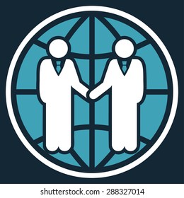 Global partnership icon from Business Bicolor Set. Vector style: flat bicolor symbols, blue and white colors, rounded angles, dark blue background.