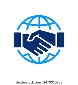 Global partnership icon featuring a handshake integrated with a world map.