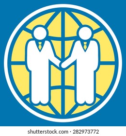 Global partnership icon. Style: flat bicolor symbol, yellow and white colors, rounded angles, blue background.