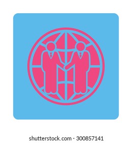 Global partnership icon. Vector style is pink and blue colors, flat rounded square button on a white background.