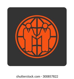 Global partnership icon. Vector style is orange and gray colors, flat rounded square button on a white background.