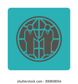 Global partnership icon. Vector style is grey and cyan colors, flat rounded square button on a white background.