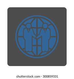 Global partnership icon. Vector style is cobalt and gray colors, flat rounded square button on a white background.