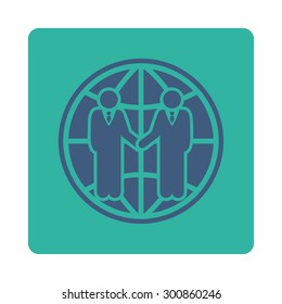 Global partnership icon. Vector style is cobalt and cyan colors, flat rounded square button on a white background.