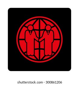 Global partnership icon. Vector style is intensive red and black colors, flat rounded square button on a white background.