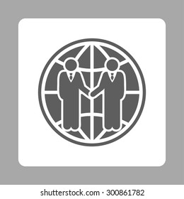 Global partnership icon. Vector style is dark gray and white colors, flat rounded square button on a silver background.